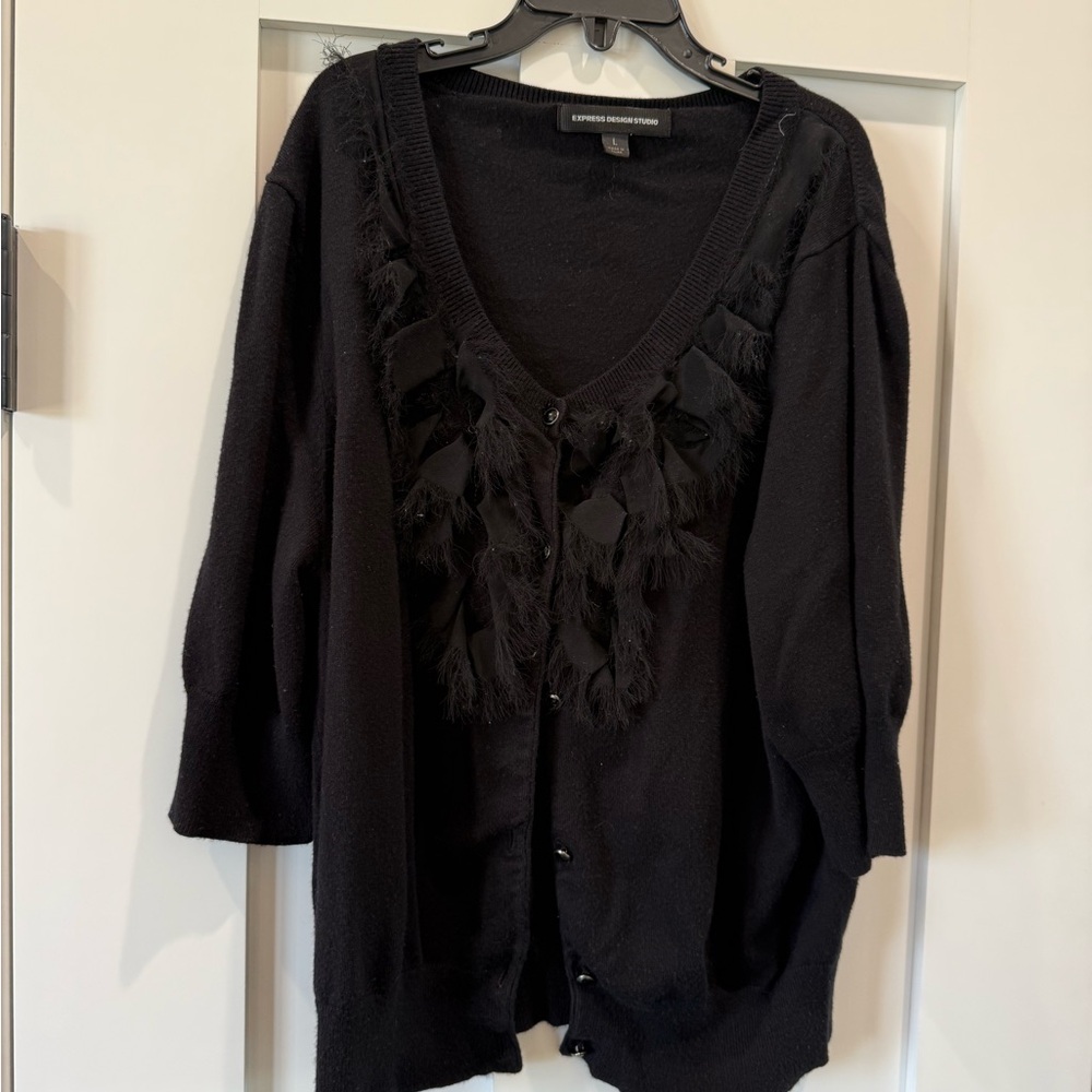 Express Women's Black Cardigan with Fringe Detail